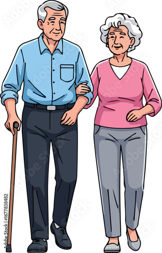 Elderly couple walking together, the man using a cane for support, arm in arm.