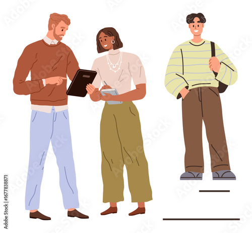 Two individuals discussing with notes and a tablet, and another standing with a bag. Ideal for teamwork, education, collaboration, diversity, youth, communication, simple flat metaphor