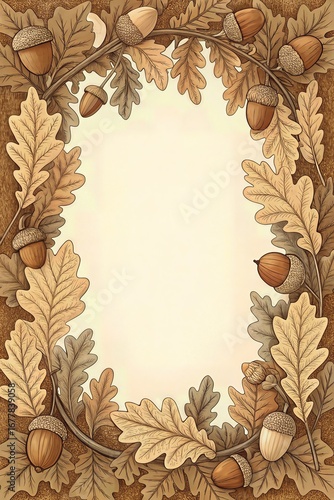 Rustic oak leaves and acorns border frame for autumn themed projects and crafts