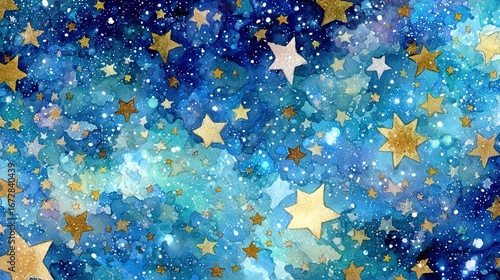 Abstract background with blue hues and gold stars creating a celestial pattern.