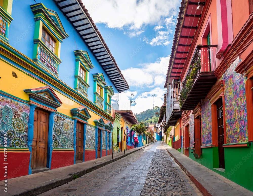 Fototapeta premium colorful bogota street art vibrant facades and cobblestone street in la candelaria colombia with painted murals on buildings