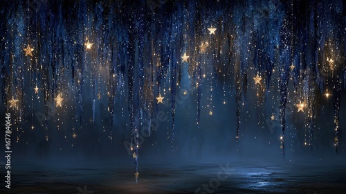 Dark blue background with star shaped lights hanging down resembling rain.