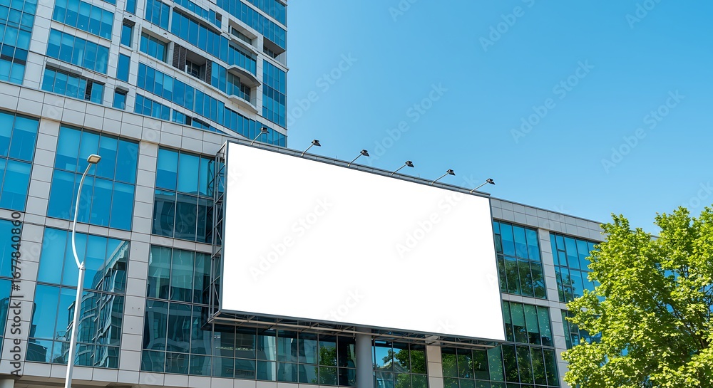 Large blank billboard on a modern glass building under a clear blue sky, ready for your message or advertisement, representing a prime outdoor marketing opportunity in an urban environment Large blank billboard on a modern glass building under a clear blue sky, ready for your message or advertisement, representing a prime outdoor marketing opportunity in an urban environment