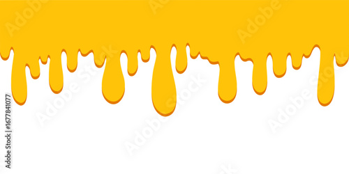 Vector background with melted cheese dripping down. Tasty yellow liquid resembling cheddar, mustard or honey. Perfect food texture for fast food design, burgers, pizza, hotdogs and snacks.