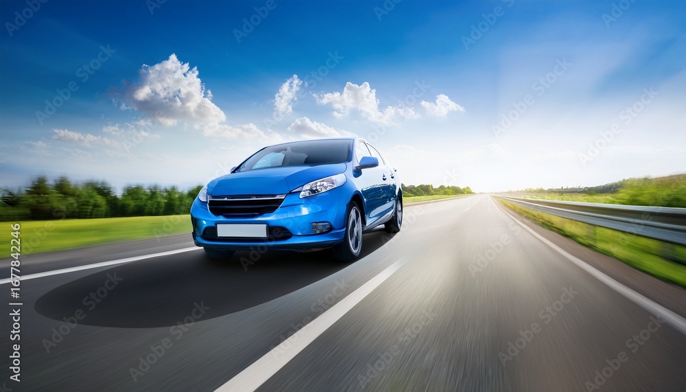 Fototapeta premium blue business car on the highway road vehicle transport at high speed blurred in motion modern automobile freeway drive outdoors