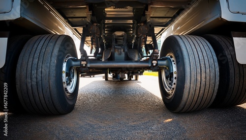 close up view of a semi truck or trailer s rear axle showing suspension and brake system mud truck chassis with wheels and suspension arms featuring silent blocks