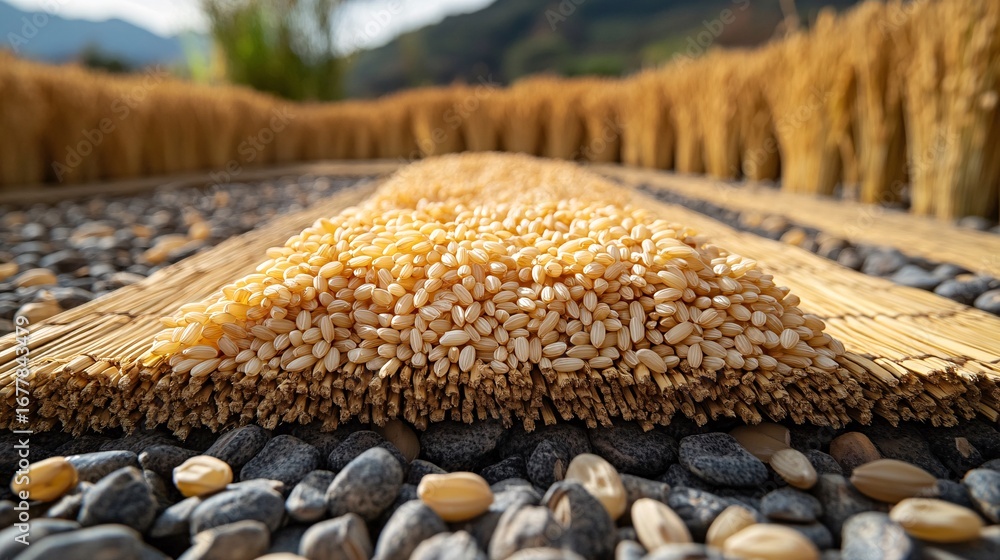 Obraz premium Close Up Of Golden Grains On A Stone Surface, Agricultural Theme of Field Crops and Harvest Time, Rural Scene with Natural Light And Earth Tones, Food Product Photography and Grains Texture Detail