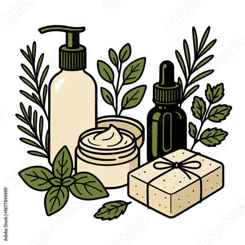 Organic skincare products with herbs on white background  
