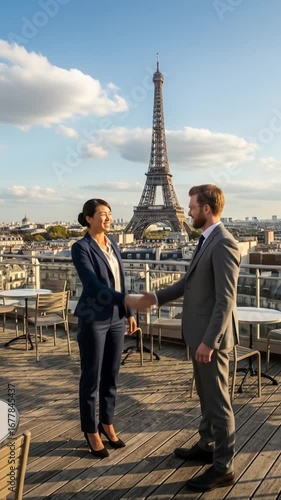 Business professionals shake hands with Eiffel Tower backdrop