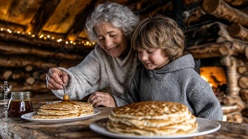 Grandma and grandson making pancakes on a griddle in a cabin kitchen, cozy morning, warm colors.