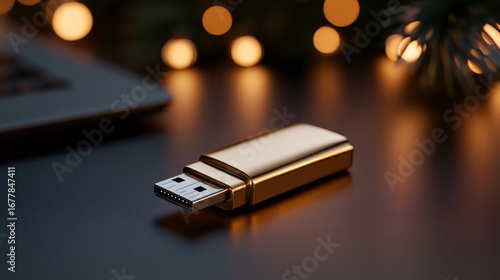 Golden usb flash drive lying on black table near laptop with Christmas lights in background