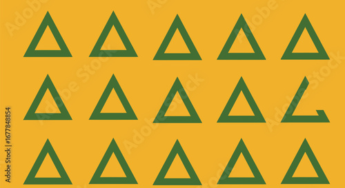 Geometric pattern of green triangles with a single L shaped anomaly on yellow background.