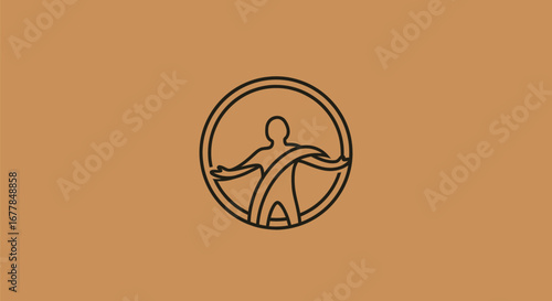 Stylized line art logo of a triumphant human figure in a circle.