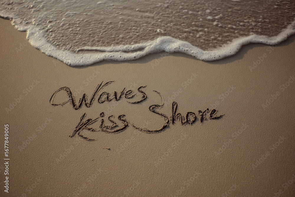 Fototapeta premium Waves Kiss Shore Phrase Written on Sand with Curling Wave