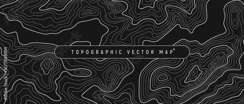 Black and White Topographic Map Background with Contour Lines