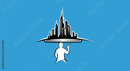 Man holding up a city skyline symbolizing support and urban development.