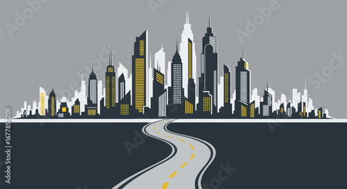 Cityscape with Winding Road Through Urban Center.