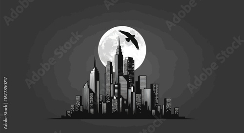 Modern Cityscape Silhouette at Night with Tall Skyscrapers.