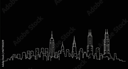 Minimalist Cityscape Silhouette in White on Black.