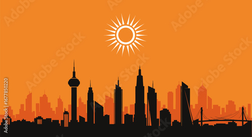 Silhouette of a modern city skyline with prominent skyscrapers and a sun icon.