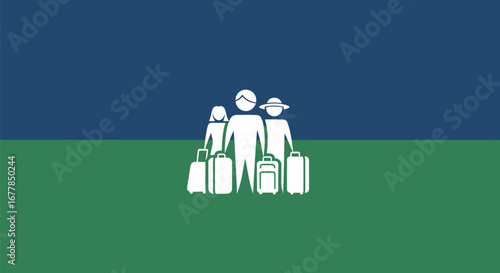 Simple graphic icon of a family with luggage ready for vacation.