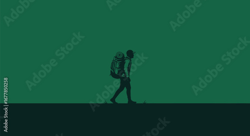 Silhouette of a lone traveler carrying a heavy backpack.