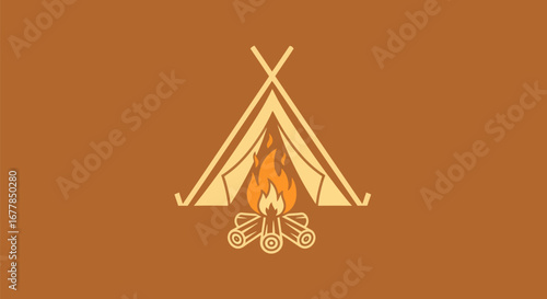 Stylized Camping Scene with Campfire and Tent Illustration.