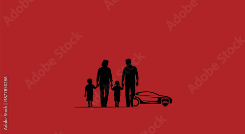 Family silhouette standing with children and a car representing family values.
