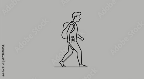 Simple line art illustration of a person walking with a backpack.