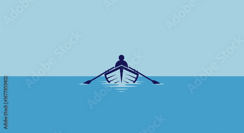 A lone rower in a boat navigating the vast ocean focused on the journey.