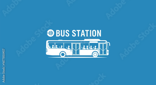 Stylized graphic illustration of a city bus and station sign.