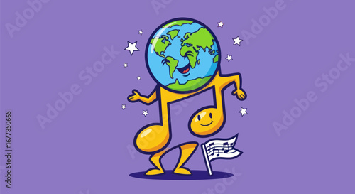 Musical Note Character with Earth Head Cartoon Illustration.