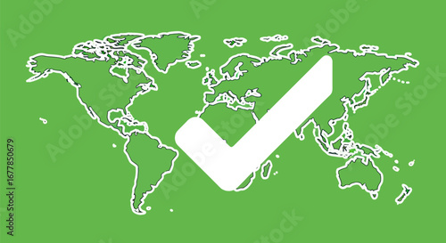 Global success concept with world map and checkmark symbol.