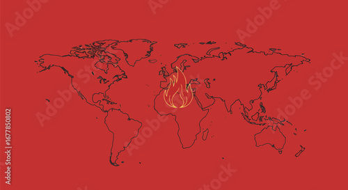 Stylized World Map with Central Flame Image.