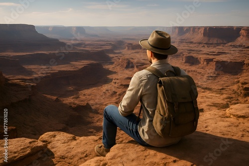 Traveler sitting on cliff edge overlooking vast desert canyon, cinematic adventure landscape with natural light and realistic outdoor scenery