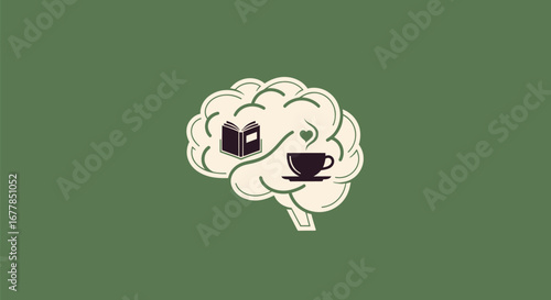 Brain with Book and Coffee: Symbol of Knowledge and Learning.