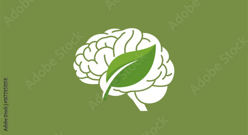 Brain With Green Leaf Symbolizing Nature And Intelligence.