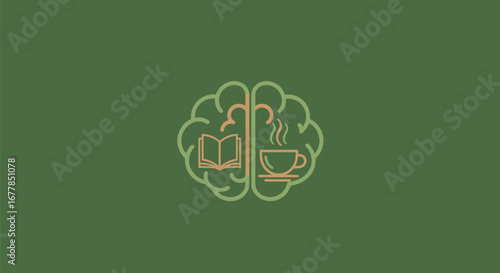 Brain with book and coffee cup symbolizing learning and focus.