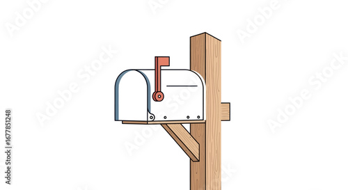 A simple white mailbox with a red flag on a wooden post.