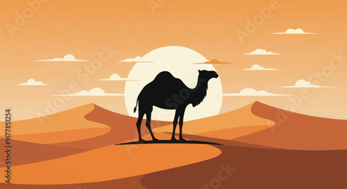 Camel Silhouette in Desert Landscape at Sunset.
