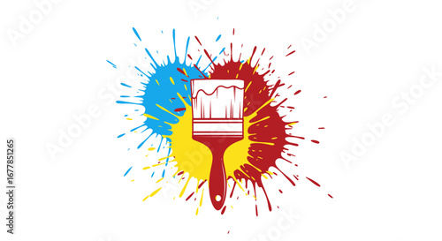 Paintbrush with Colorful Splatters Illustration.