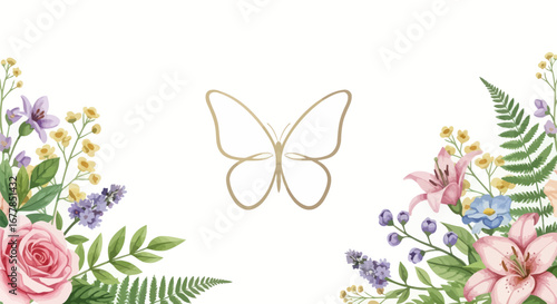 Elegant Golden Outline Butterfly Nature Illustration Art.
