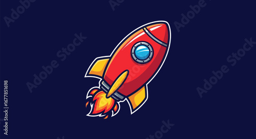 Cartoon Red Rocket Ship Launching into Space with Fiery Exhaust.
