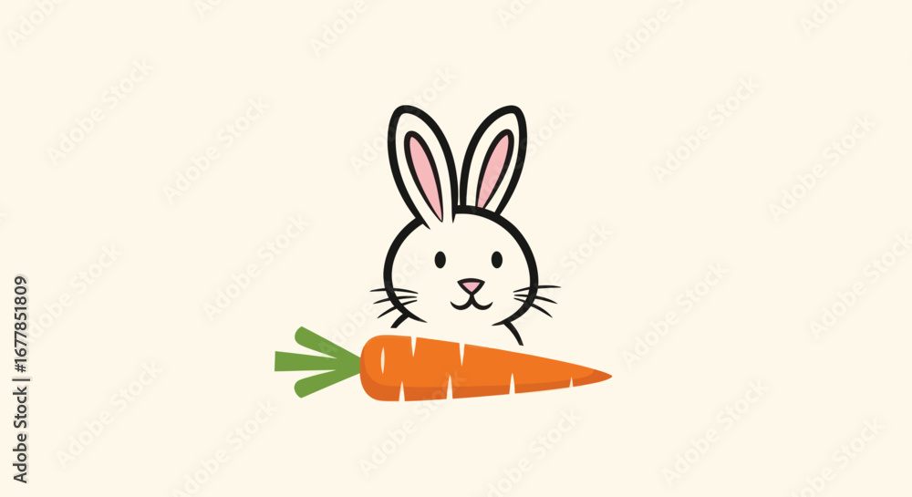 Obraz premium Cute cartoon bunny rabbit holding a fresh carrot illustration.