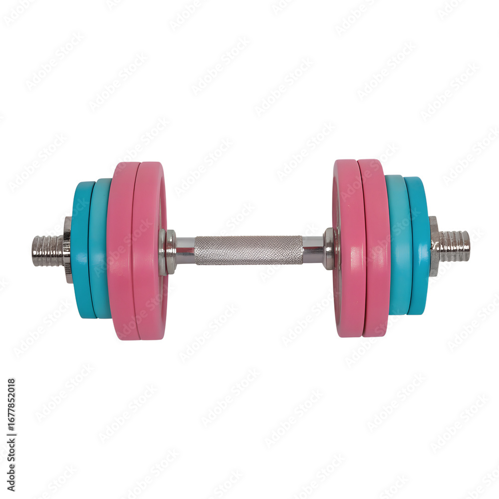Naklejka premium Colorful dumbbell with pink and blue weights on metal handle, isolated on transparency background, perfect for fitness and exercise themes