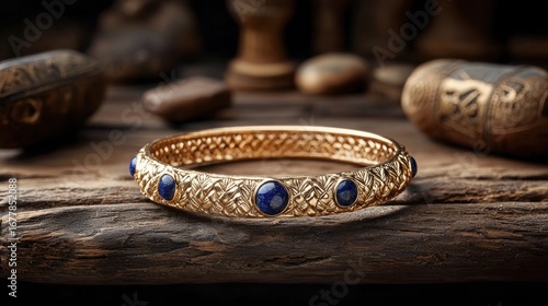 remarkable jewelry piece displays exquisite craftsmanship detailed gold work and vibrant blue gemstones. Set in serene rustic environment it highlights historical artistry.