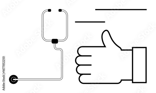 Line art of a thumbs-up hand and stethoscope representing positive medical feedback or approval. Ideal for healthcare, wellness, medical approval, satisfaction, trust, feedback, simple landing page