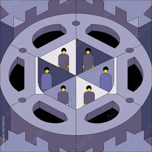 Individuals integrated into a hexagonal gear system, symbolizing structured collaboration and essential roles within a complex organizational framework
