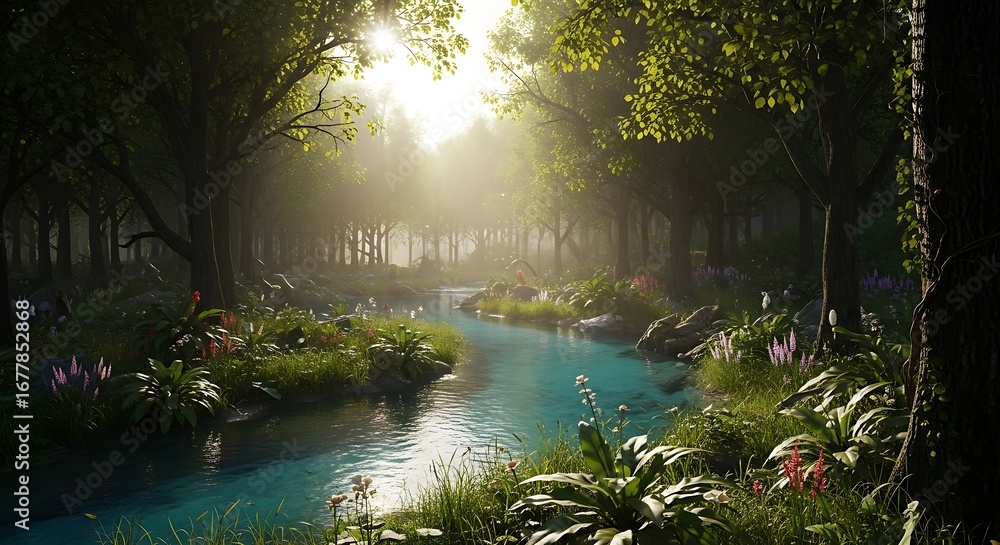Obraz premium Sunlit River Flowing Through Lush Green Forest.