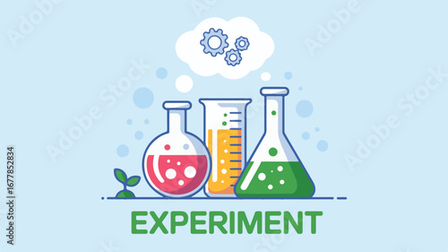 Science experiment laboratory glassware with bubbling liquids and gears flask